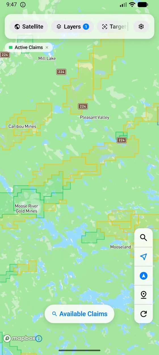 The live claim fabric over eastern Nova Scotia with active claims outlined.