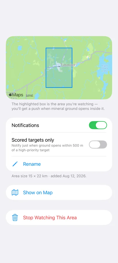 A watched area near Timmins with notifications on and a scored-targets-only filter.